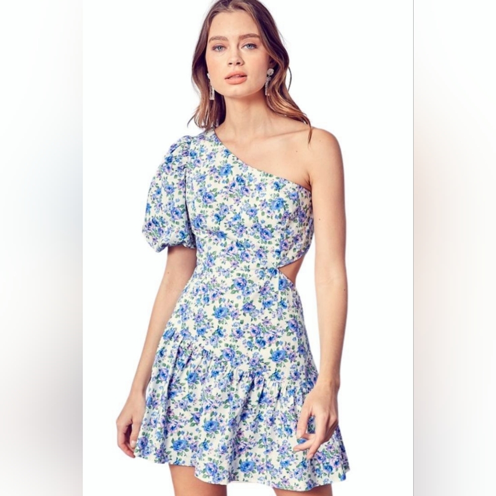 Anthropologie Blue Floral One-Shoulder Mini Dress